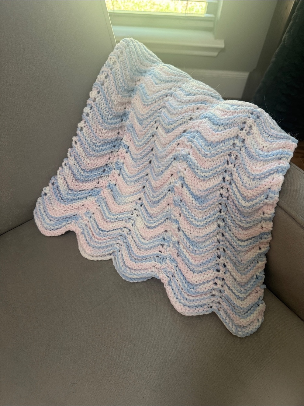 Soft Pastel Blue and Pink Chevron Knit Baby Blanket